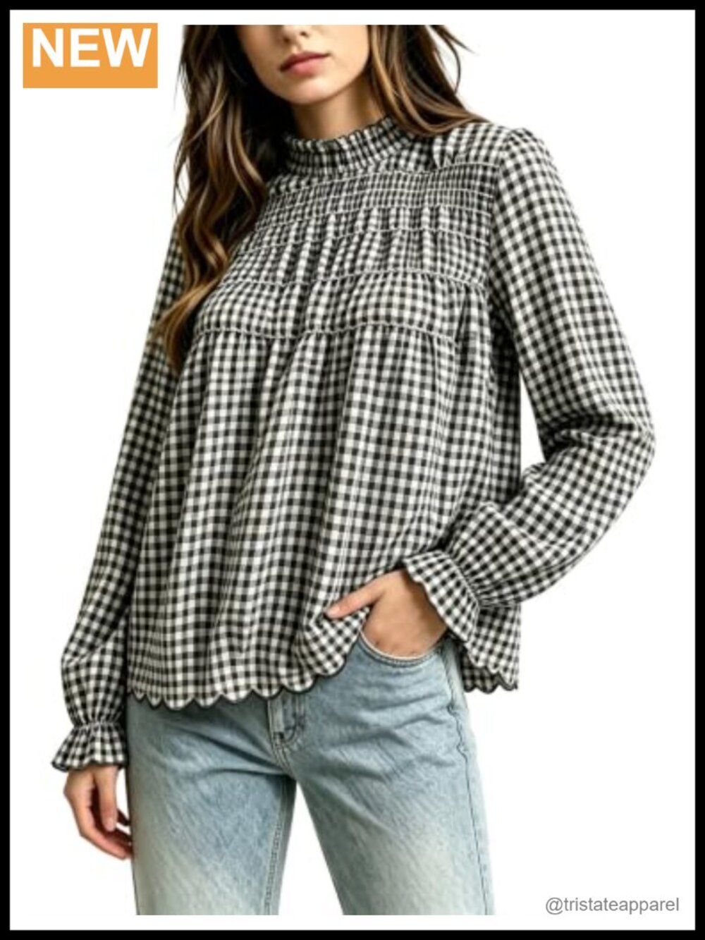 Gingham Smocked Babydoll Blouse Long Sleeve 100% Cotton Ruffle Collar